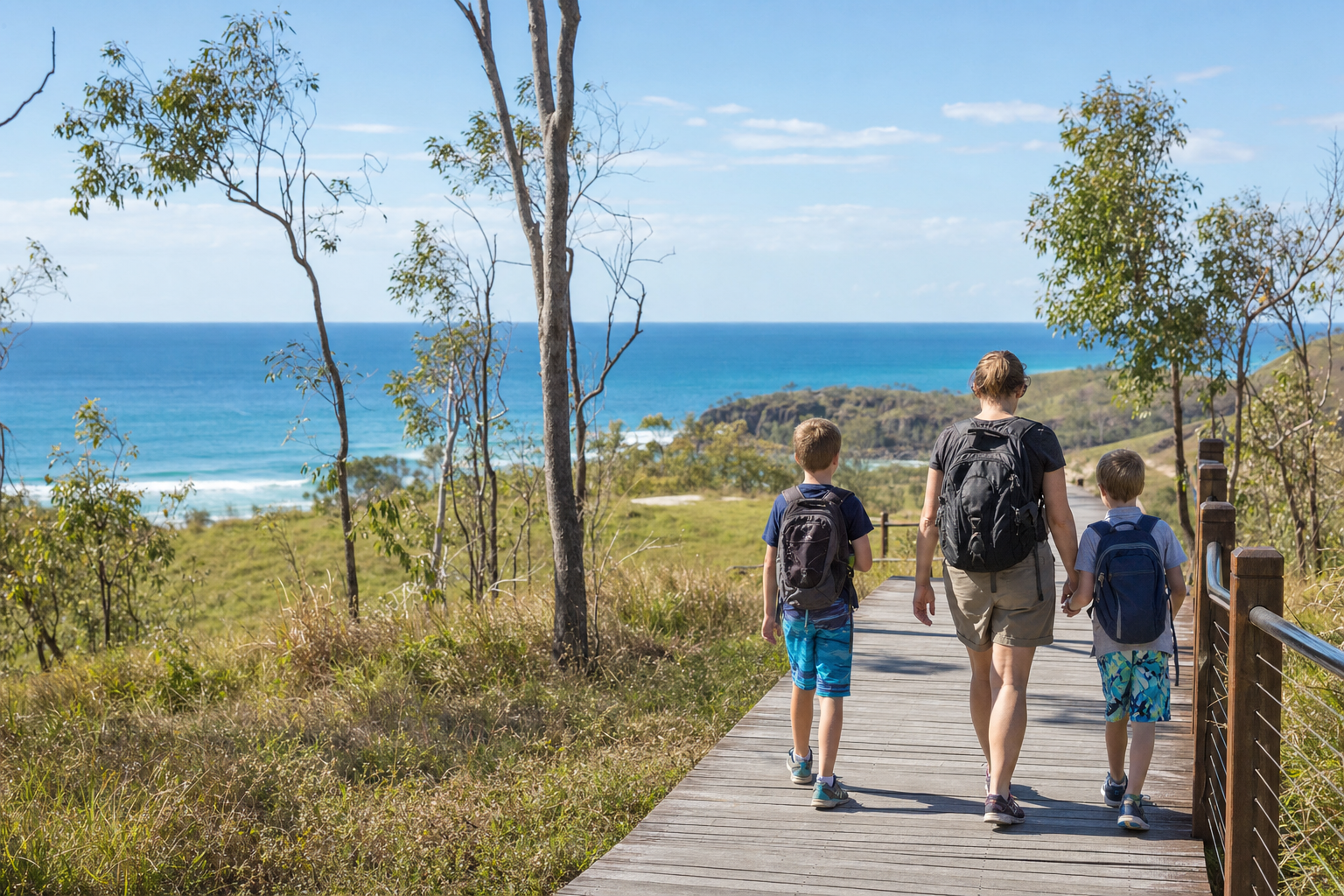 A mother and two boys walking toward the Queensland coast